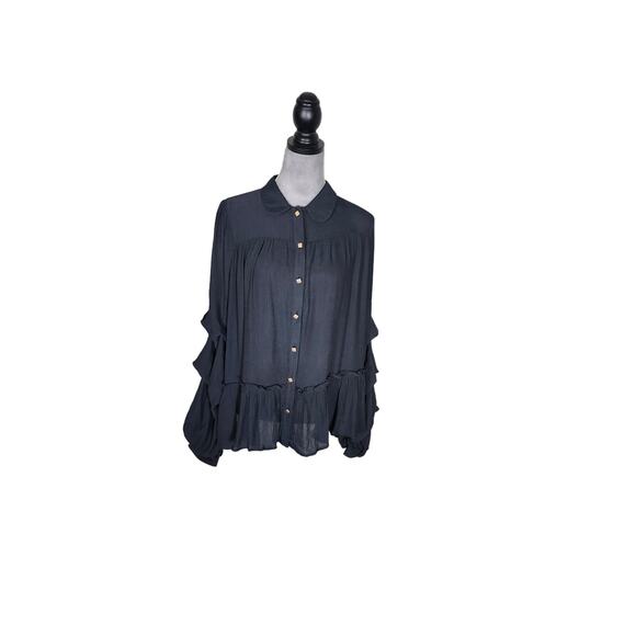 Lumie Women's Button Down Long Ruffle Sleeve Victorian Blouse Navy Blue in Small - Picture 1 of 7